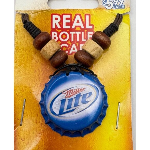Miller Lite Beer Bottle Cap Necklace Novelty Wooden Beads Adjustable Cord - Picture 7 of 7